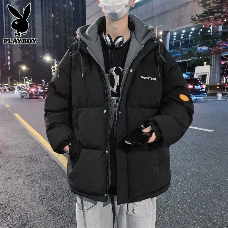 花花公子假两件棉服男士连帽棉衣冬季新款加厚保暖棉袄男生外套潮