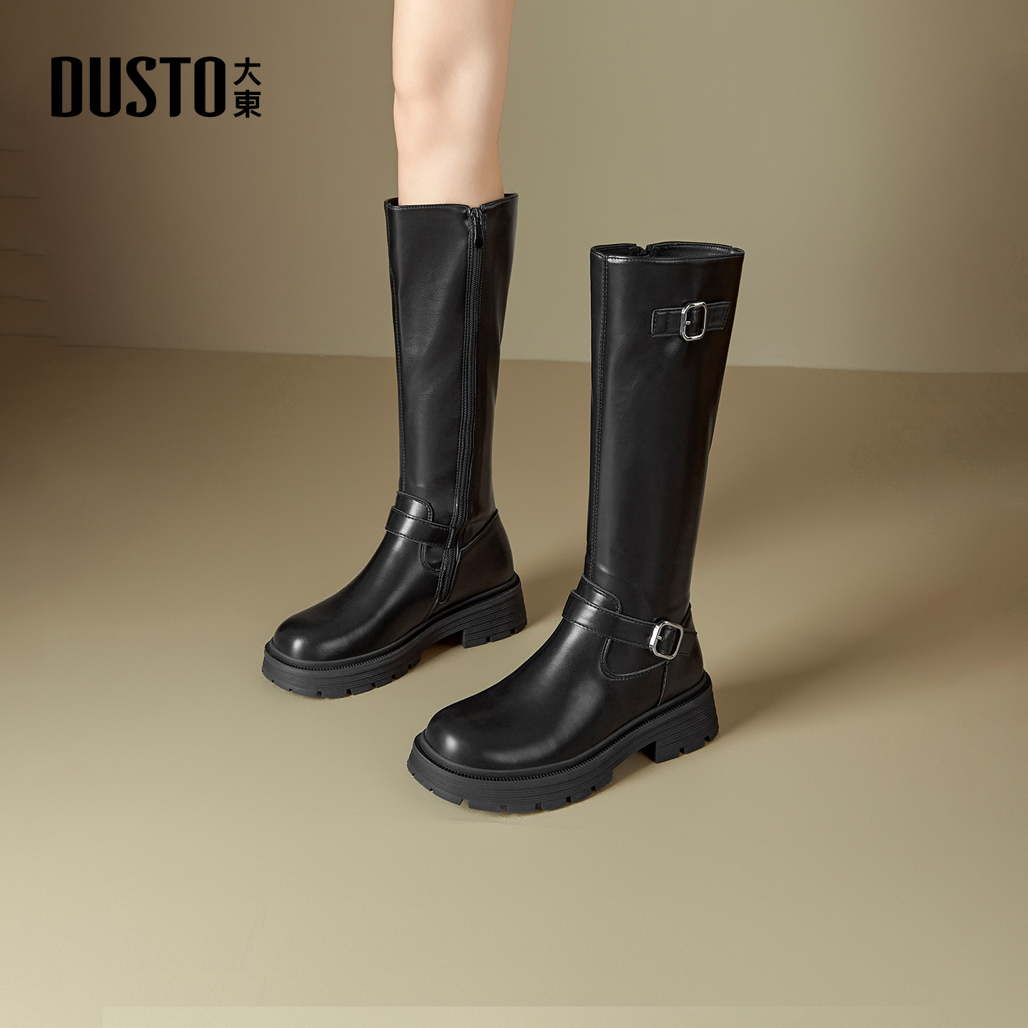 大东官方正品黑色厚底长筒靴
