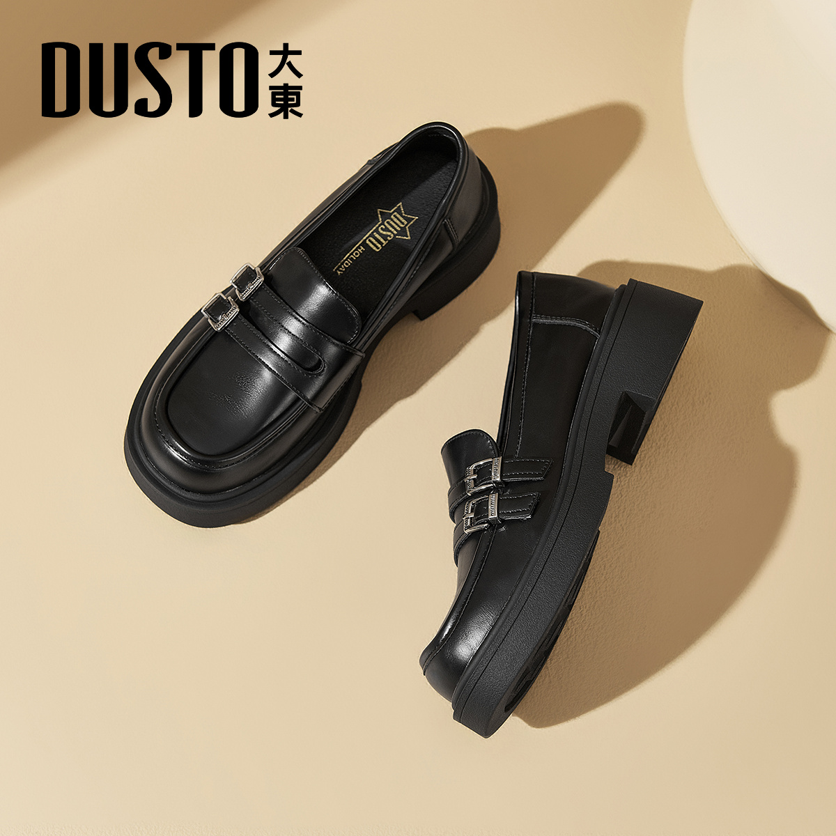 大东官方正品乐福鞋黑色小皮鞋