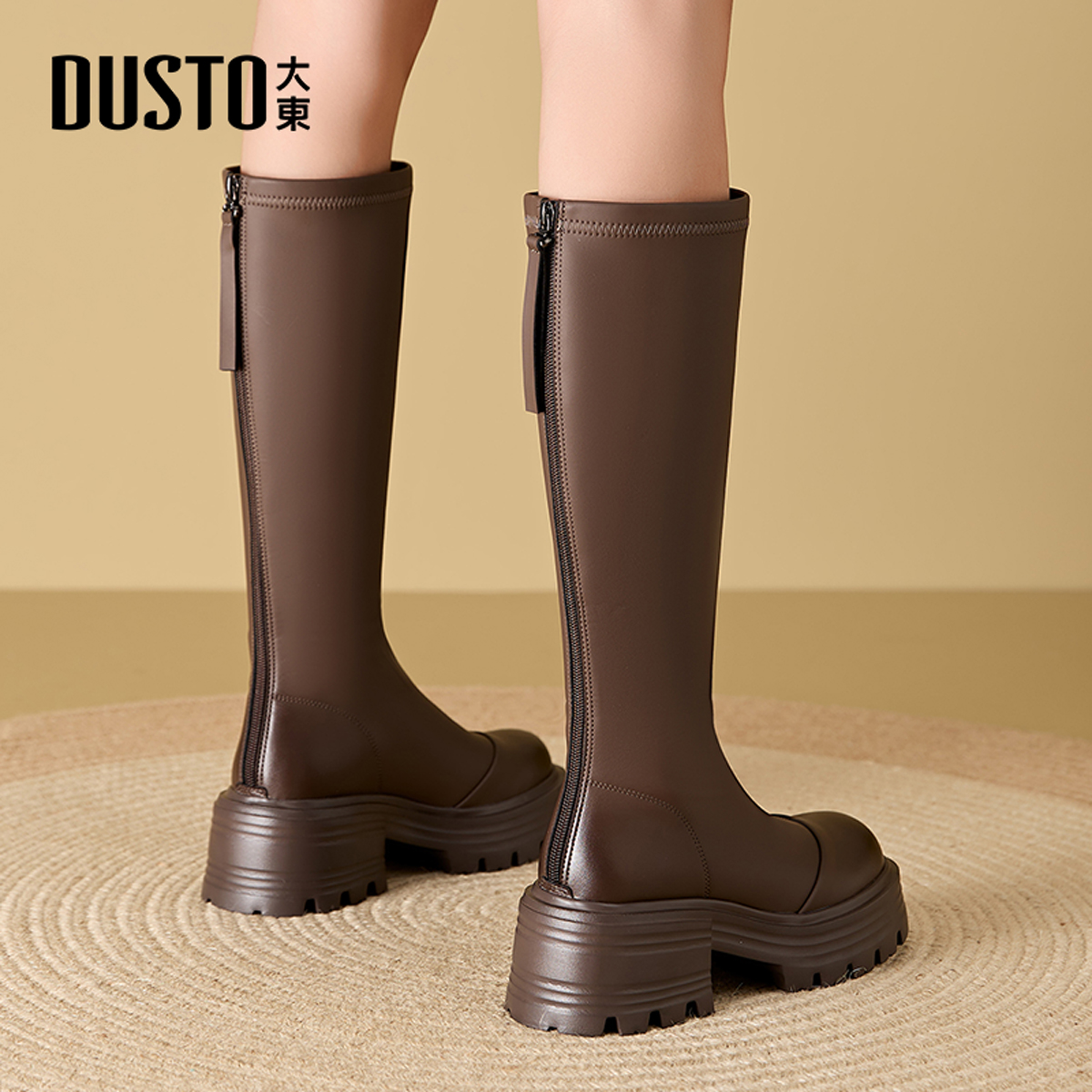 大东棕色长筒靴小个子厚底骑士靴