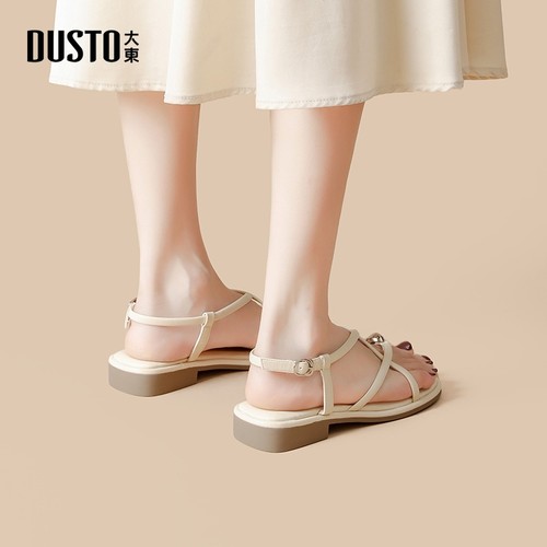 大东官方正品低跟细带罗马凉鞋
