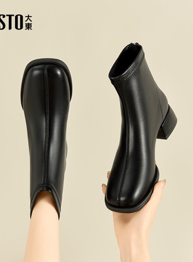 大东黑色短靴女2025新款秋冬切尔西女靴韩系小踝靴瘦瘦靴高跟靴子