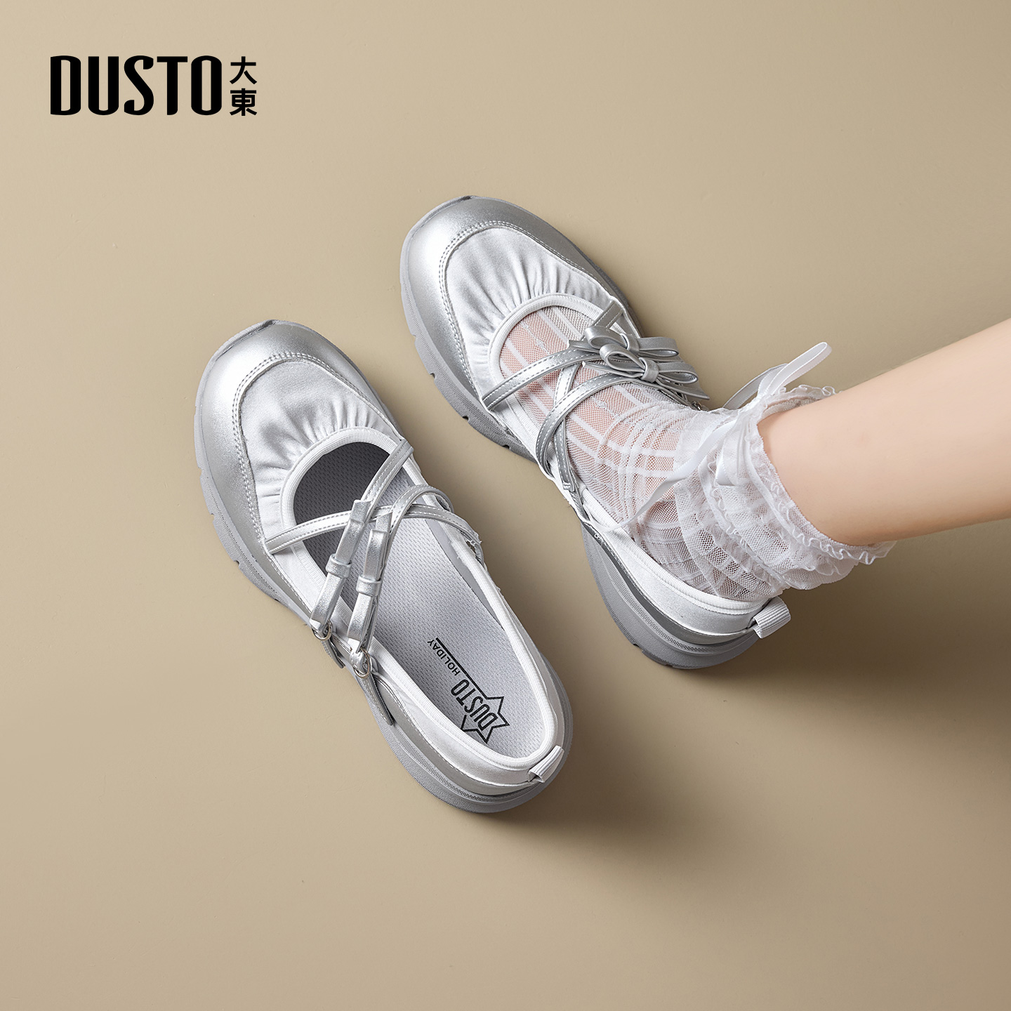 大东官方正品银色蝴蝶结单鞋厚底