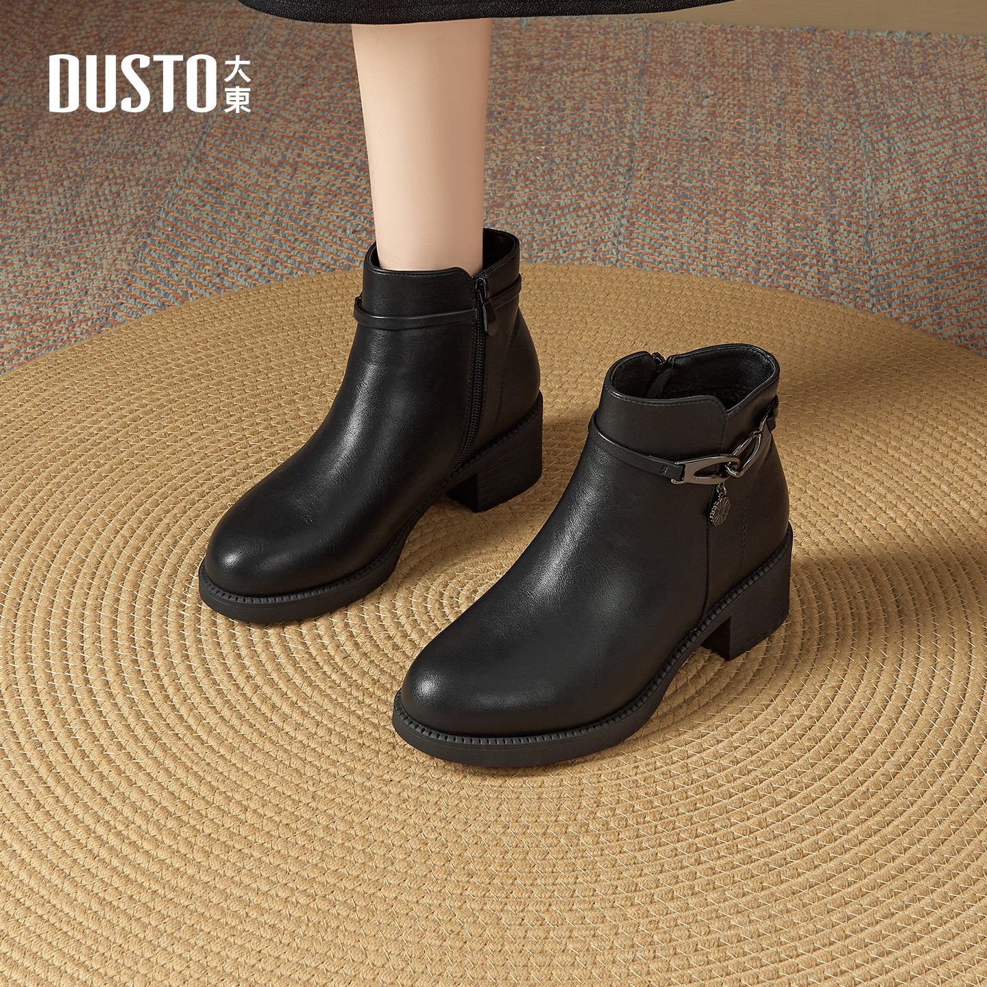 大东官方正品粗跟加绒妈妈短靴