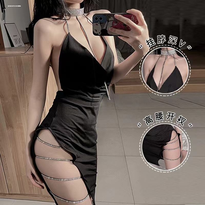辣妹纯欲风修身露背链条挂脖吊带连衣裙女性感内衣睡裙大露背睡衣