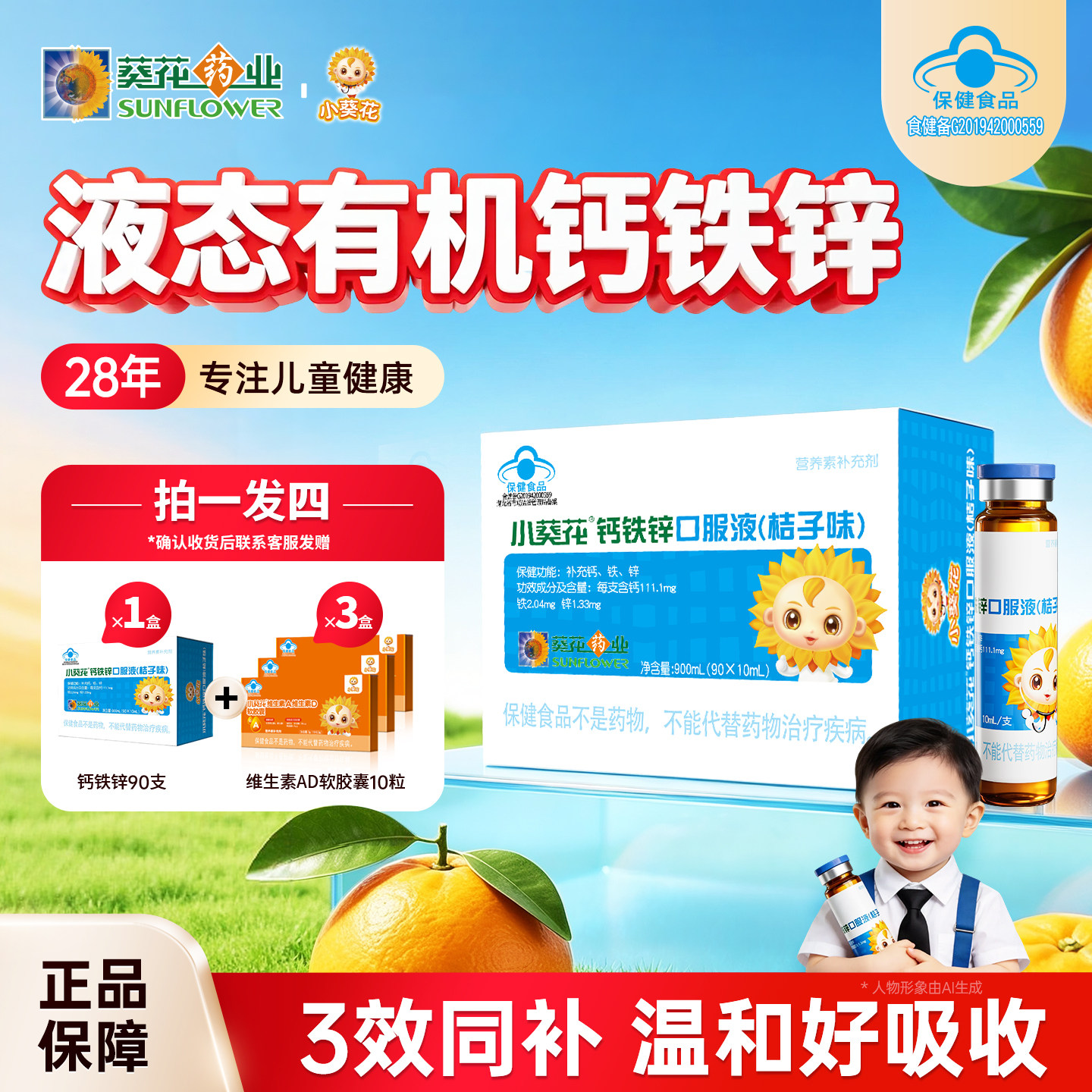 小葵花蓝瓶钙铁锌口服液儿童青少年液体钙补钙补锌蓝帽好吸收旗舰