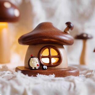 新款蘑菇房子小夜灯实木装饰摆件充电LED床头喂奶儿童房装饰伴睡