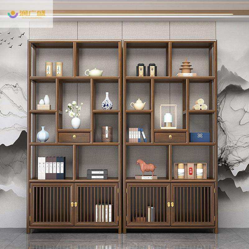 置物架博古架实木中式榆木隔断中式办公茶室新中式复古收纳展示柜
