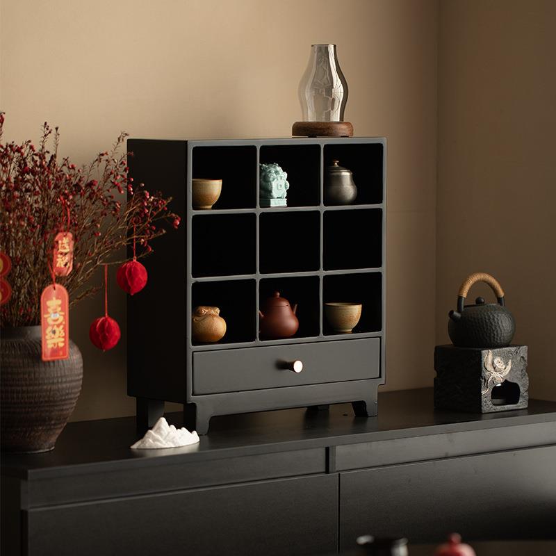 中式实木桌面多宝阁收纳盒茶杯置物博古架茶具挂墙黑胡桃木展示柜