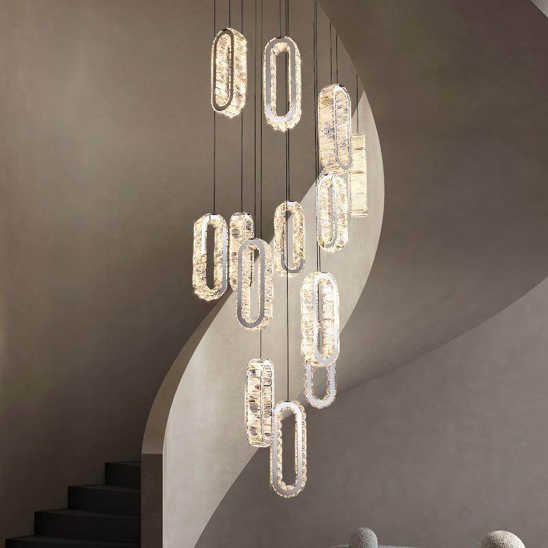 挑高客厅水晶灯复式楼大吊灯简约现代轻奢别墅大厅旋转楼梯长灯具
