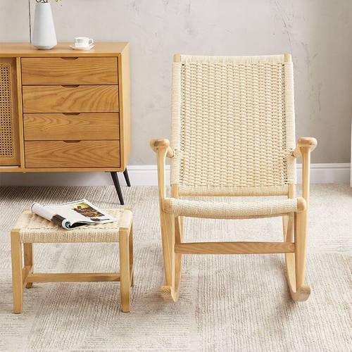 极速北欧藤编摇椅日式藤椅实木z老人躺椅阳台花园家用休闲庭院编