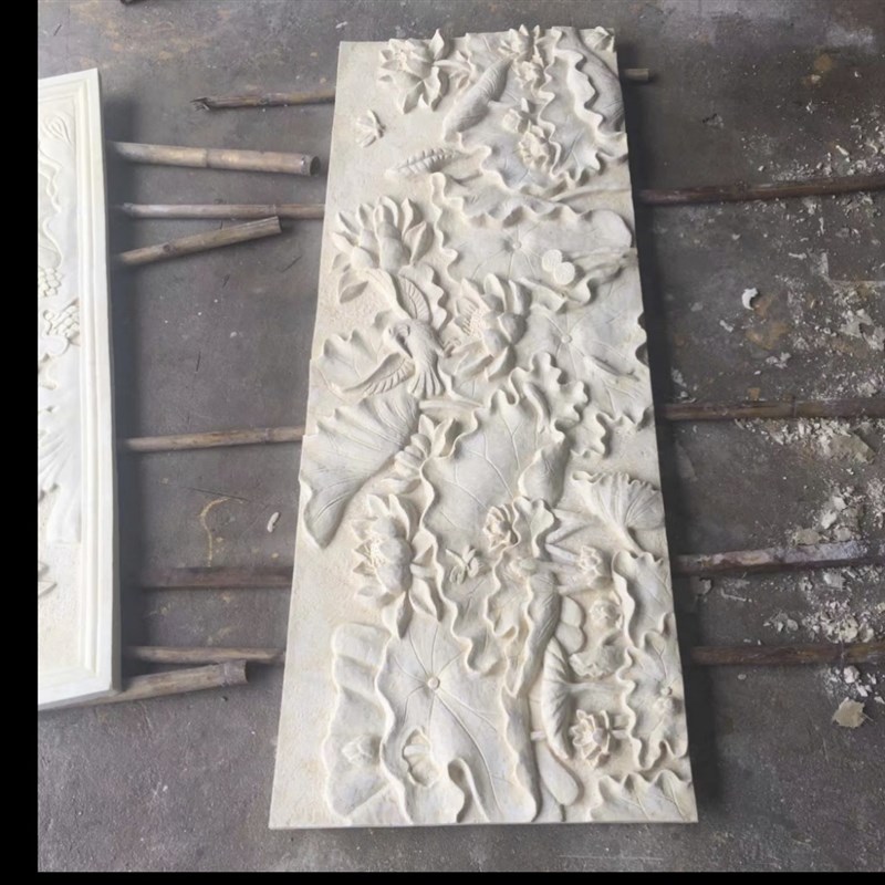 极速人造砂岩浮雕荷花鲤鱼玻璃钢中式别J墅外墙挂画外墻装饰画可图片