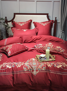 极速欧式贡缎婚庆j四件套红色1.8M结婚床上用品新婚礼六件套刺绣