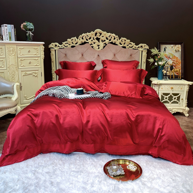 极速大红色婚庆贡缎全棉四u件套欧式简约纯色结婚长绒棉多件套床