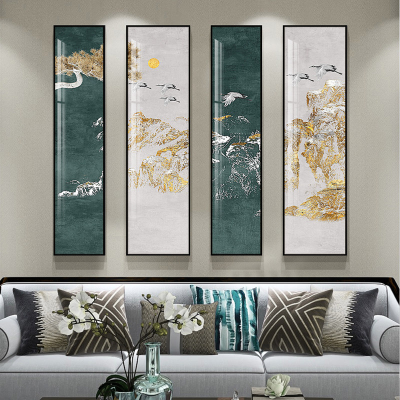 新品新中式客厅沙发背景墙装饰画中国风茶室挂Q画竖版四联中堂壁