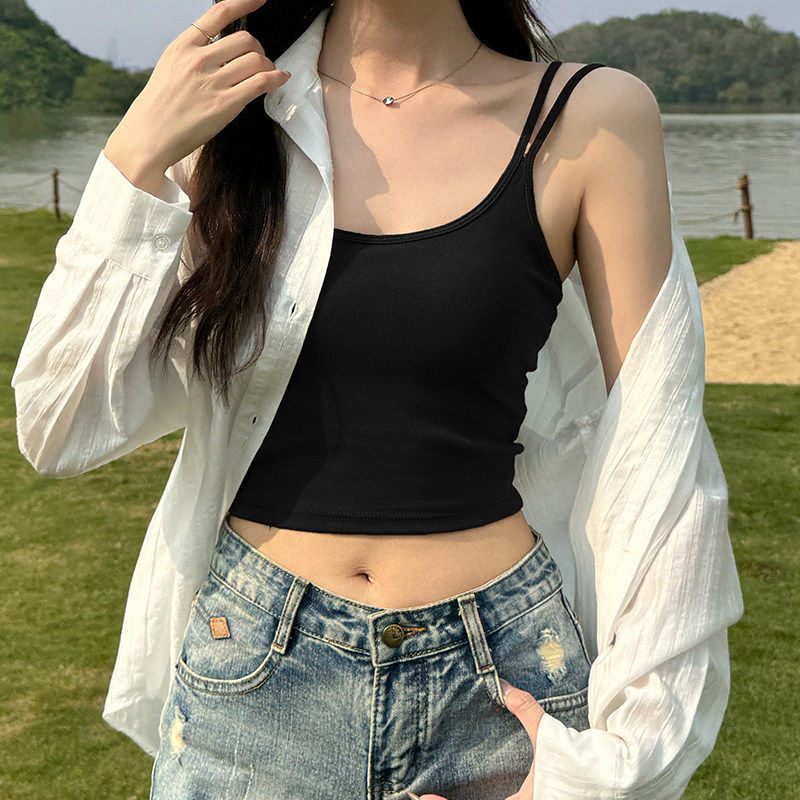 黑色吊带小背心女夏季外穿带胸垫美背文胸一体式无袖内搭打底上衣