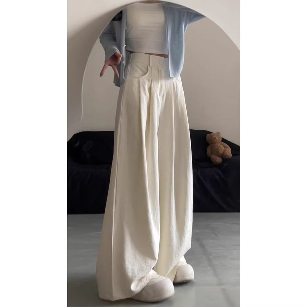 白色直筒休闲阔腿裤子女春夏季新款小个子宽松慵懒风垂感高腰长裤