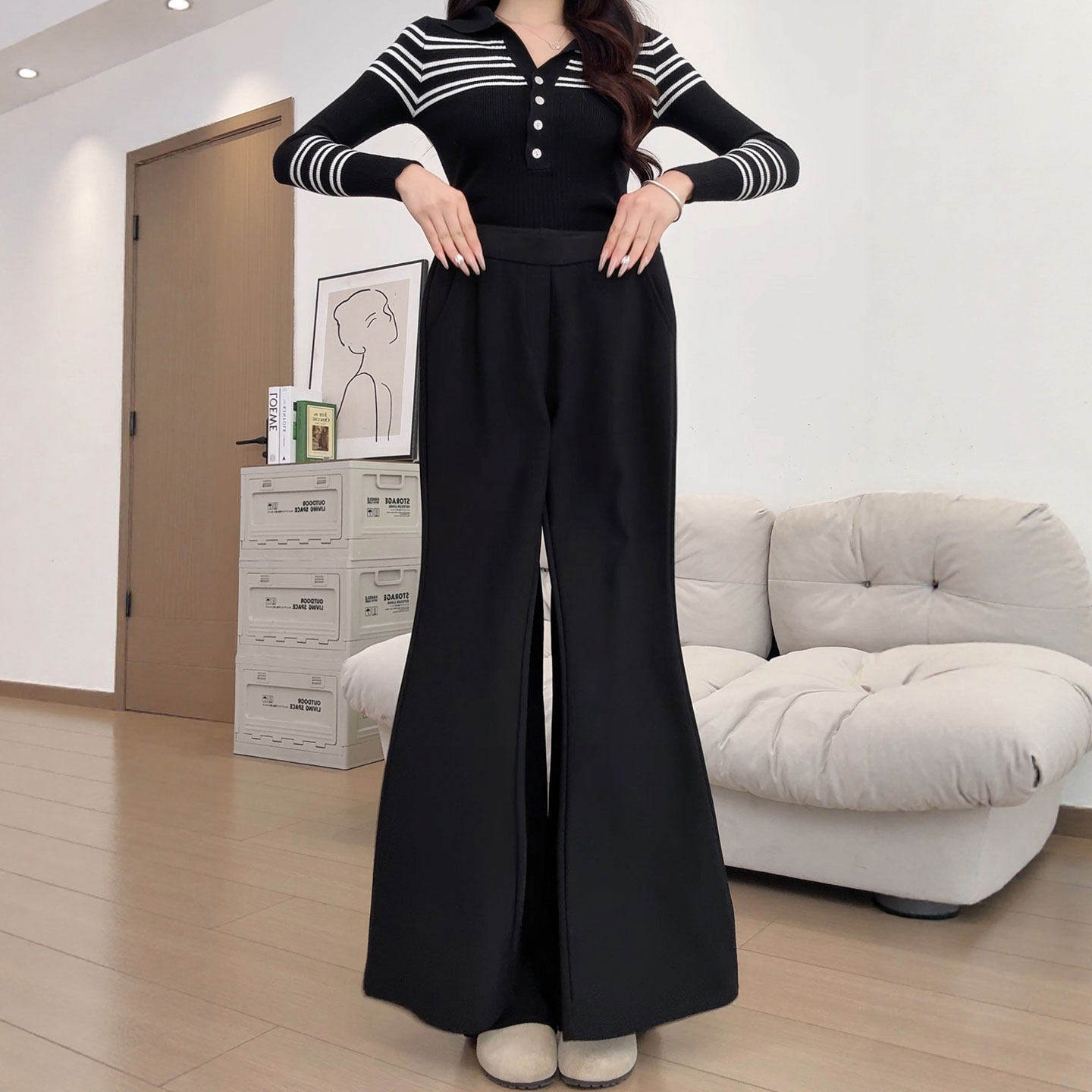 黑色微喇叭裤子女春秋2026新款小个子胖mm大码显瘦休闲垂感西装裤