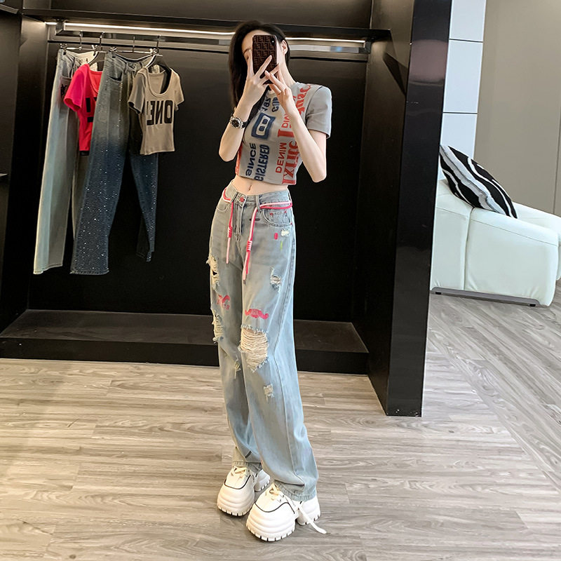LC1011 时尚套装夏2025新款欧货短款t恤个性破洞牛仔裤两件套女