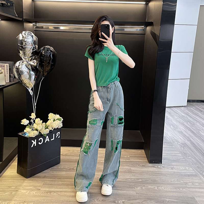 潮牌休闲时尚套装女夏新款减龄洋气显瘦百搭T恤破洞牛仔裤两件套