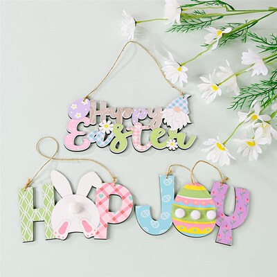 极速DIY Happy Easter Decor Bunny DoorG Hanging Wooden Plaque