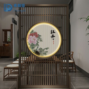 极速新中式入户玄关装饰画半透明丝绢布灯画挂画圆形花.卉屏风壁