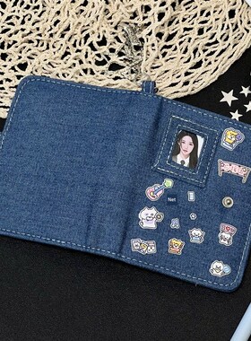 蓝色牛仔M5皮革翻盖口袋裤活页分类账风格简单和高看学生便携式记