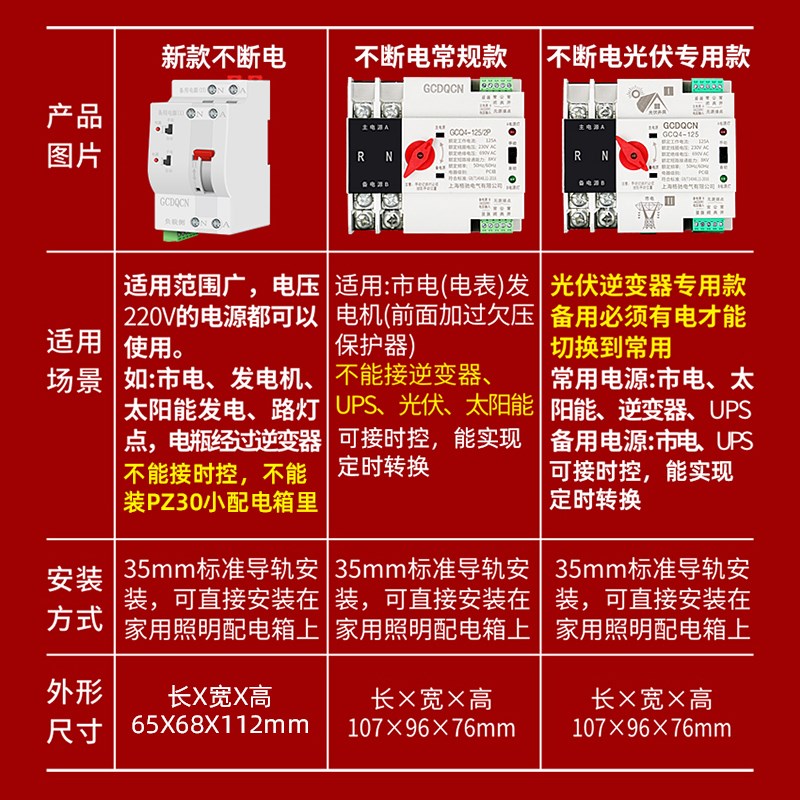 光伏款不断电双电源自动转换开关家用单相2P63A双路毫秒级切换器