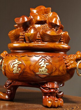花梨木雕聚宝盆i摆件实木雕刻客厅公司装饰店铺开业送礼红木工艺