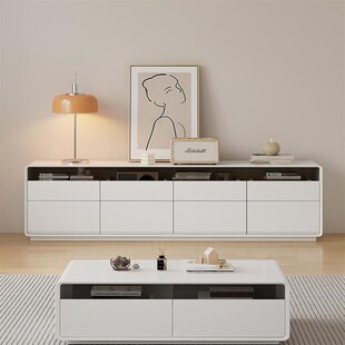 速发纯实木双层落地高视柜茶几户款岩板简约客厅家用奶油风小电型