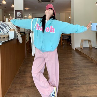 速发WW维维家2204大码卫衣秋冬连花休闲运动宽松型印帽开衫加绒加