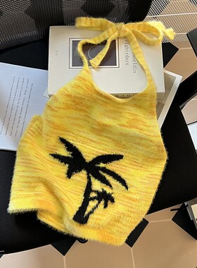 速发黄色2树图案挂脖吊带背心夏20椰5新款设计感甜辣风无袖针织上