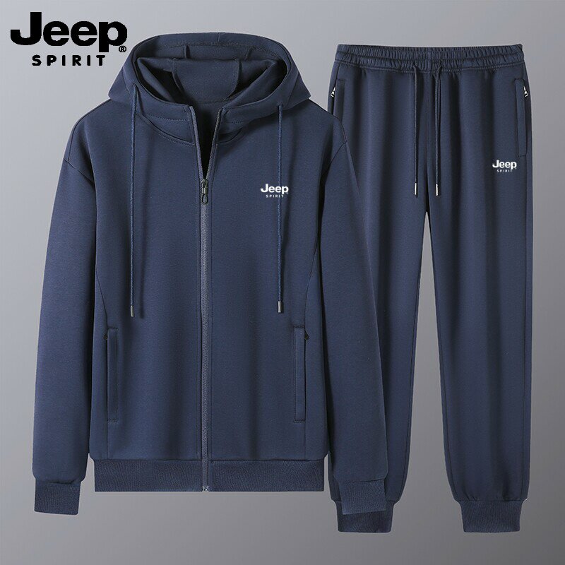 吉普JEEP连帽开衫秋冬季卫衣套装男休闲运动两件套深蓝色宽松