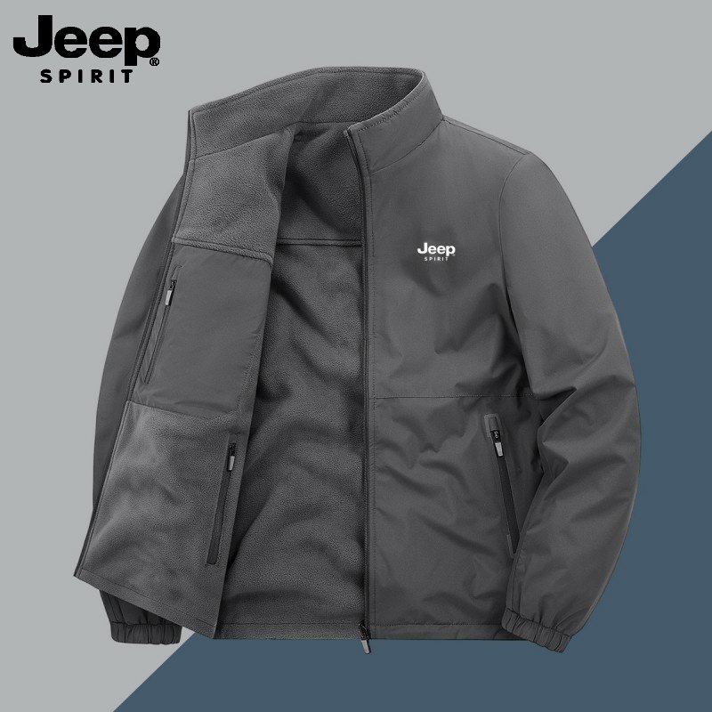 吉普JEEP双面穿加绒加厚夹克男冬季休闲外套男装长袖立领开衫衣
