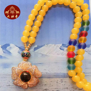 大昭寺S925银镀金琥珀牡丹花毛衣项链，项链雍容华贵吉祥如意