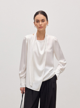 JESTOMS |优雅贵华_垂感醋酸圆领衬衫女设计感不规则飘带上衣