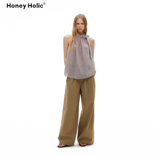 Honey Holic 色织水洗棉橙色格纹松弛感荷叶边系带挂脖背心