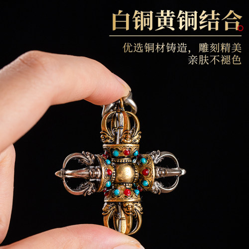 新品尼泊尔藏式黄k铜五股金刚杵吊坠汽车挂件降魔杵法器钺刀项链