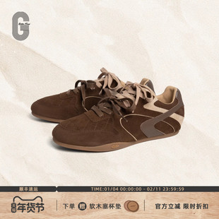 GLITTER FOCUS头层牛皮运动休闲阿甘鞋棕色羊反绒复古薄底德训鞋