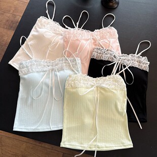 纯欲风蕾丝蝴蝶结拼接美背细肩带一体带胸垫马卡龙纯色吊带背心女