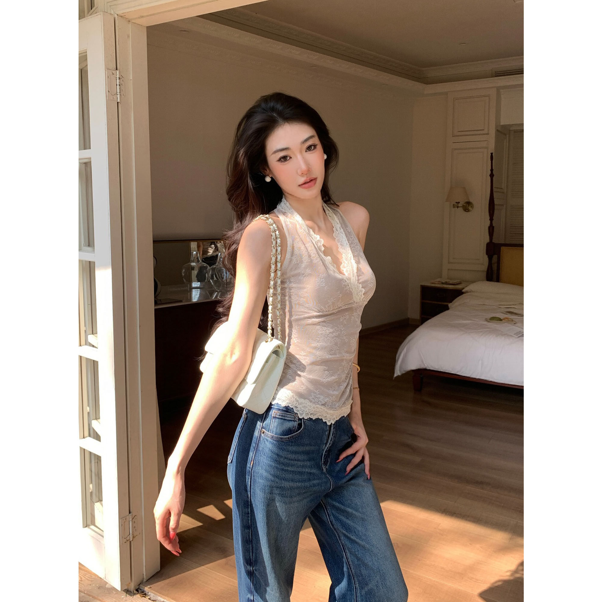 JIJINQI夏季新款v领挂脖无袖上衣