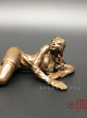新品铜器铜现代女郎镇纸笔搁摆件创意铜宠趟式长V发美女桌面摆件