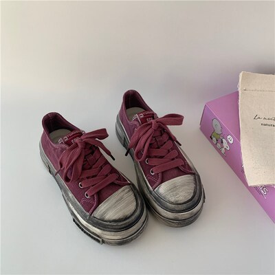 极速小众百搭做旧复古厚底帆布鞋女款2F026春季爆款乞丐板鞋酒红