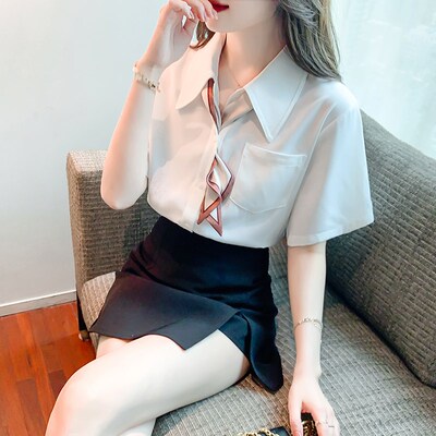 极速白色丝巾衬衫女短袖夏大学生答辩实习套装裙R职业正装教资面