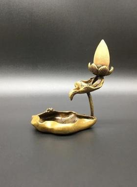 纯铜荷叶莲花倒流香摆件 实心铜青蛙荷花池塘意境香架香托铜茶宠