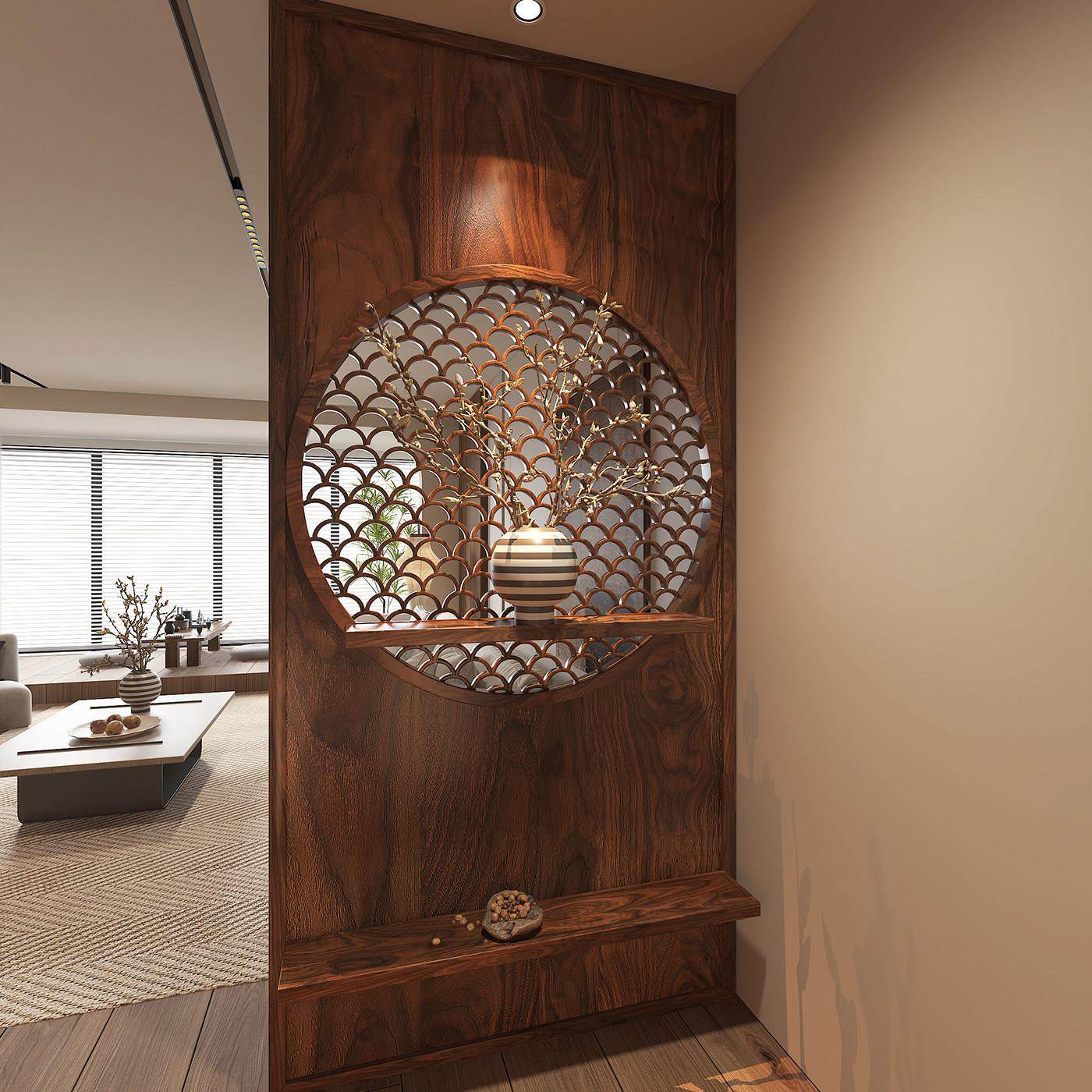 新中式屏风隔断客厅玄关柜子入户进门遮挡简约现代实木花格栅家用