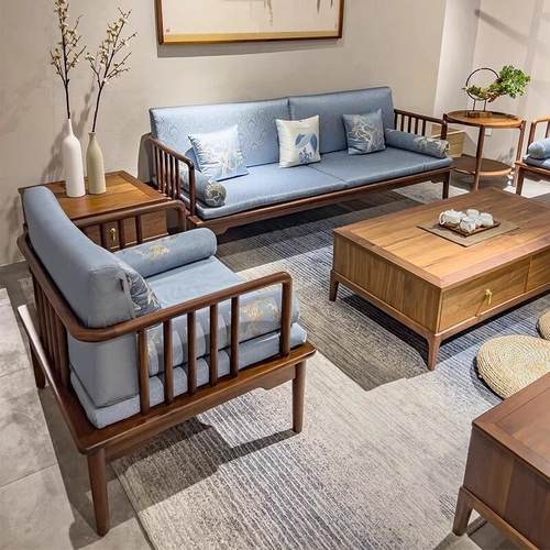 办公商务沙发茶几组合黑胡桃木设计师定制布艺实木家具一二三人位