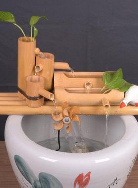 竹子流水鱼缸家居办公室养鱼增氧中式造景创意石缸老石槽过滤器