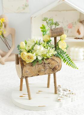 幼儿园桌面田园创意装饰摆件木鹿植物角仿真花花园阳台书架小摆饰