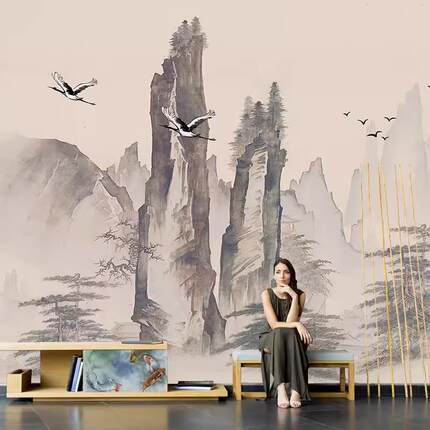 新中式国画山水电视背景墙壁纸办公室壁画客厅3d装饰墙纸书房墙布